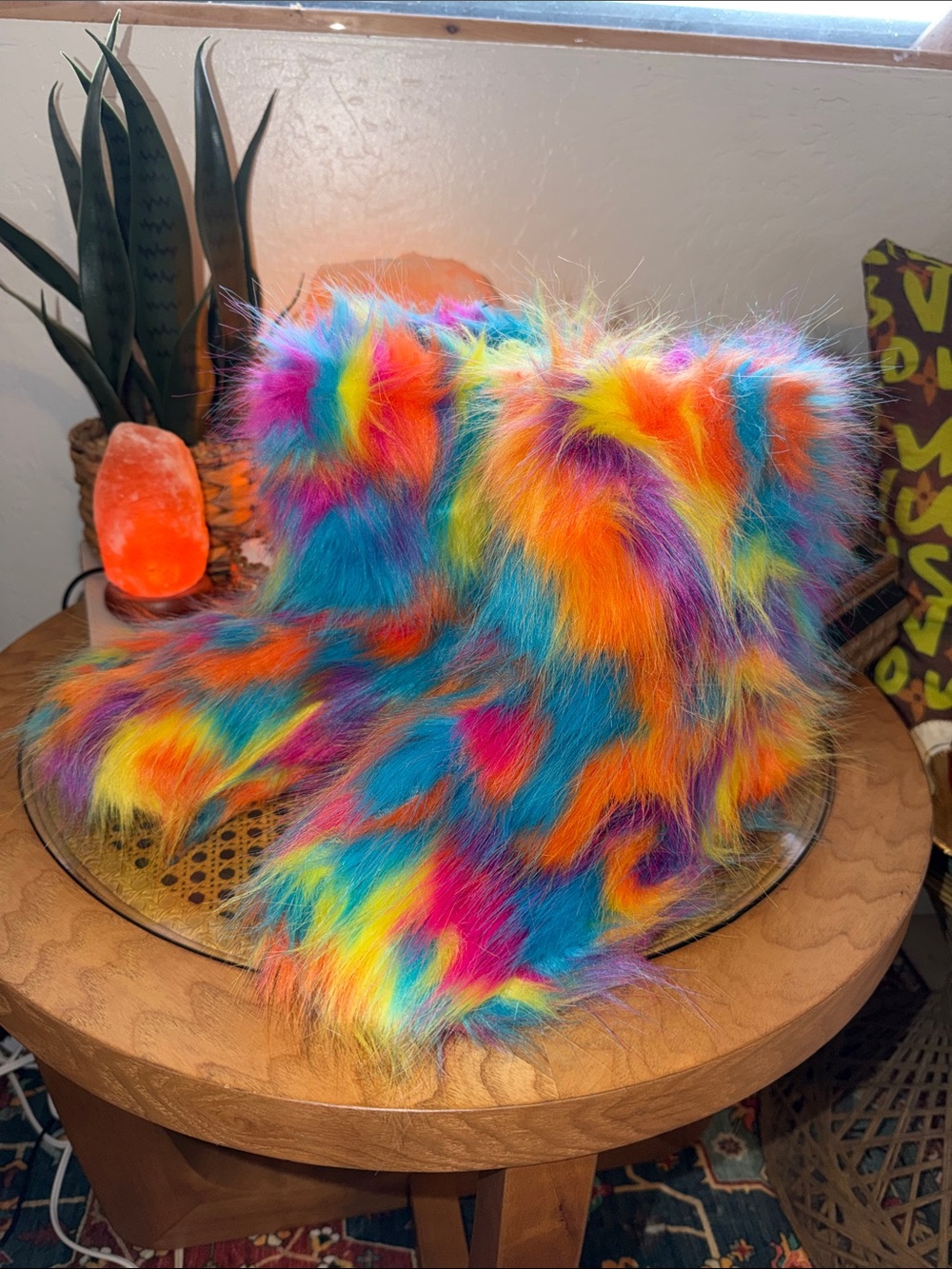 Rainbow Faux Fur Rave Boots Y2K Festival Club scene Size 9